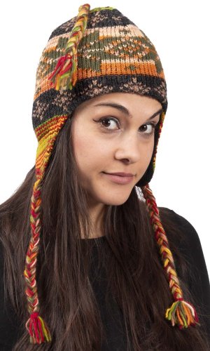 Vlněná čepice se střapci / oranžovo-zelená I.