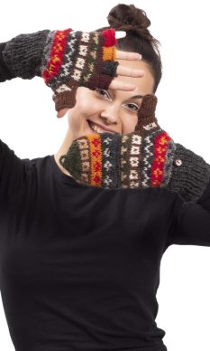 Wełniane rękawiczki z klapką / szaro-żółty I.