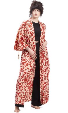 Długa sukienka KIMONO czerwono-beżowy