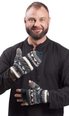 Wełniane rękawiczki z klapką / zielono-szare