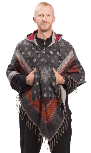 Pončo se vzory PANKAJ šedo-červená I.