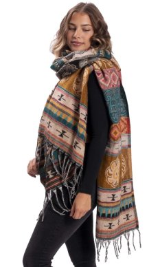 Šála INDI cihlovo-tyrkysová s květy