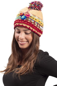 Vlnená čiapka FLORAL DESIGN / béžová V.