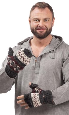 Wełniane rękawiczki z klapką / bordowo-szare