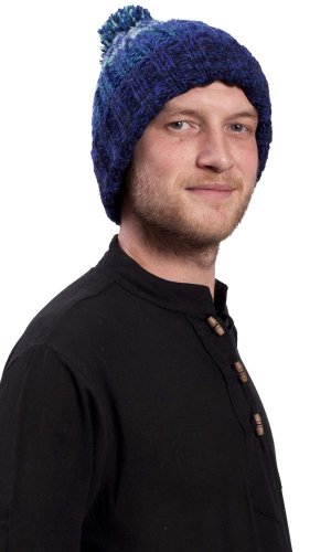Vlněná čepice s bambulí a žebrováním / modrá