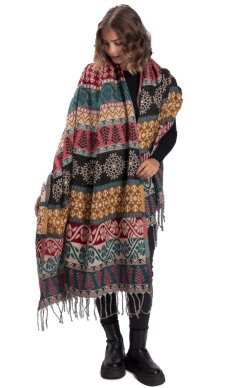 Šála INDI motiv listu okrová s růžovou