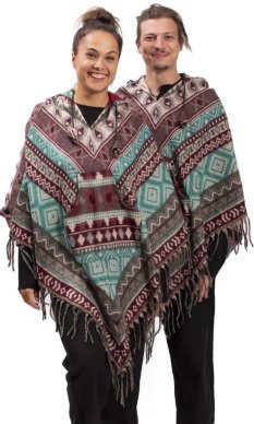 Pončo se vzory PANKAJ vínovo-tyrkysová III.