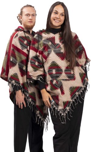 Pončo se vzory PANKAJ béžovo-zelená I.