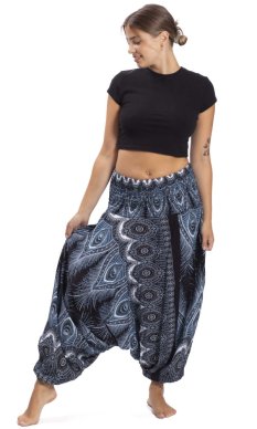 Szarawary / Spodnie haremki THAI PEACOCK niebieski-czarne