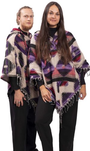 Pončo se vzory PANKAJ béžovo-fialová I.