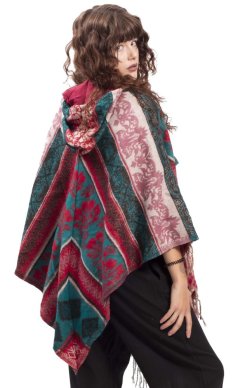 Ponczo z wzorami PANKAJ czerwono-turkusowy I.