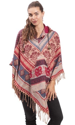 Pončo se vzory PANKAJ červeno-béžová V.