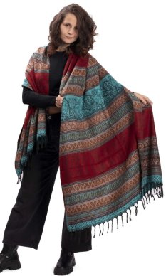 Šála INDI tyrkysovo-hnědá s ornamentem