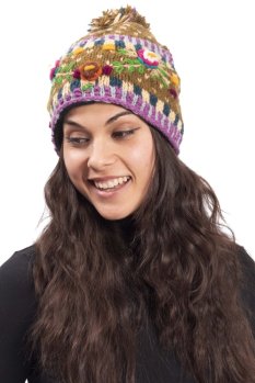 Vlnená čiapka FLORAL DESIGN / svetlo hnedá II.