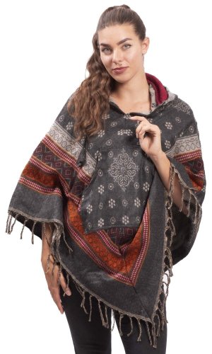Pončo se vzory PANKAJ šedo-červená I.