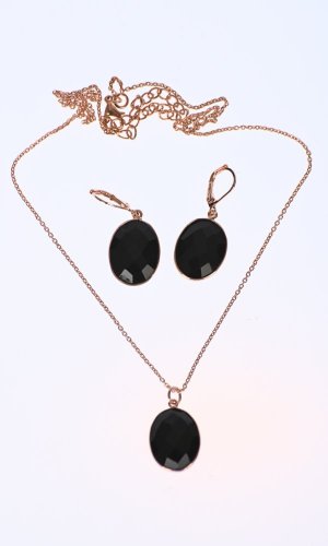 Set náhrdelník a náušnice čierny ovál - Variant: Ružovo zlatá retiazka