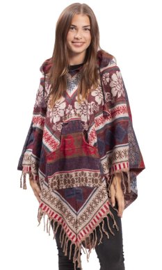 Ponczo z wzorami PANKAJ bordowo-beżowy VIII.