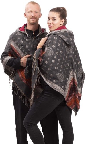 Pončo se vzory PANKAJ šedo-červená I.