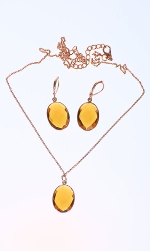 Set náhrdelník a náušnice jantárovo žltý ovál - Variant: Ružovo zlatá retiazka