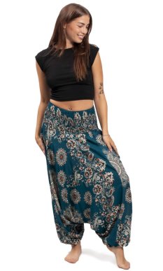 Szarawary / Spodnie haremki THAI FLOWERS niebieski petrol