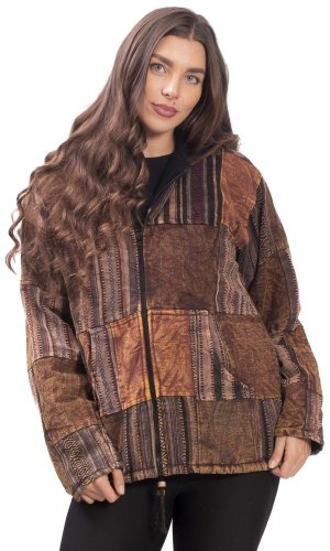 Ciepła kurtka PATCHWORK brązowa - Rozmiar: 2XL