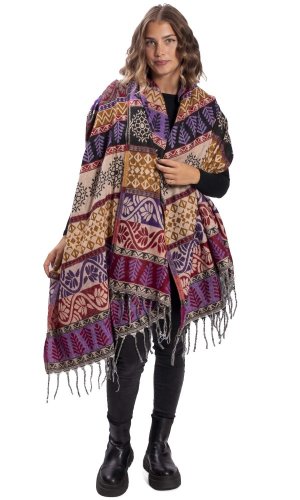 Šála INDI motiv listu okrová s fialovou