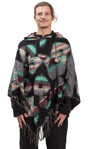 Pončo se vzory PANKAJ černo-tyrkysová I.