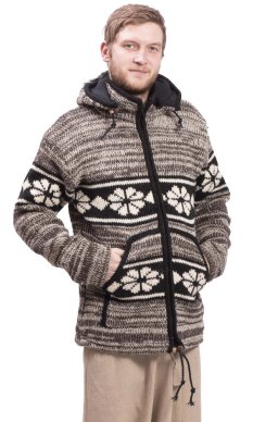 Vlněná svetrobunda FLORAL hnedý melír