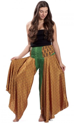 Kolesová nohavicová sukňa PARIPA zeleno-zlatá