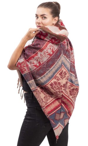 Pončo se vzory PANKAJ červeno-béžová V.