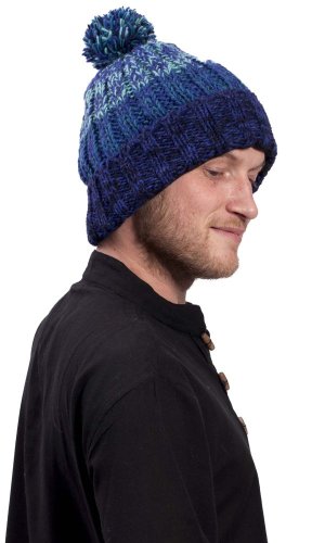 Vlněná čepice s bambulí a žebrováním / modrá