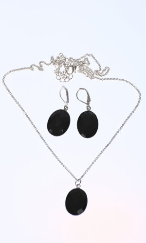 Set náhrdelník a náušnice černý ovál - Varianta: Stříbrný řetízek