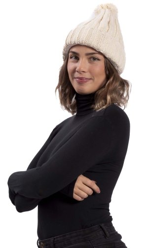 Vlněná čepice s bambulí a žebrováním / natur