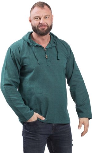 Košile Nepál / ETNO KURTA s kapucí smaragdově zelená