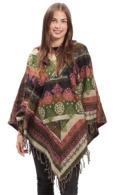 Pončo se vzory PANKAJ zeleno-růžová II.