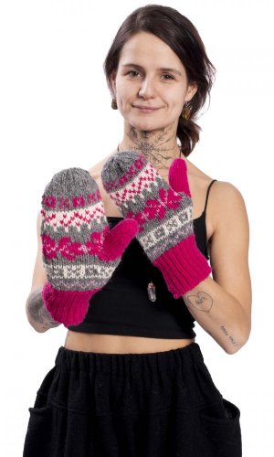 Wełniane rękawiczki jednopalczaste różowo-szary