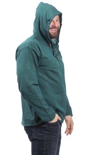 Košile Nepál / ETNO KURTA s kapucí smaragdově zelená