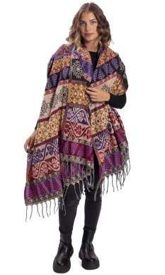 Šála INDI motiv listu okrová s fialovou