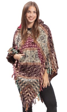 Ponczo z wzorami PANKAJ bordowo-beżowy VII.