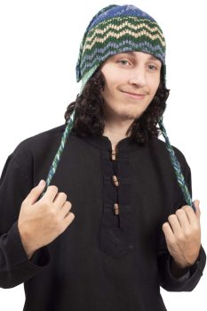 Vlněná čepice se střapci / zeleno-modrá I.