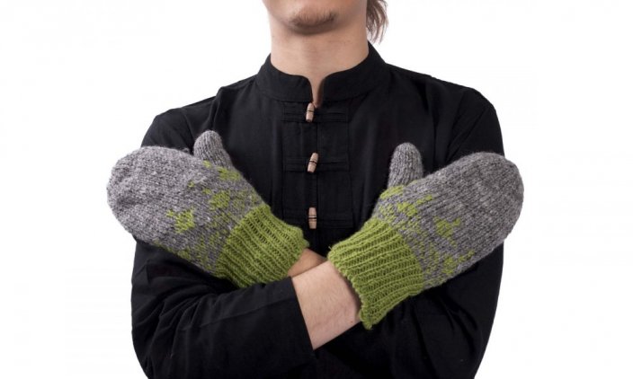 Wełniane rękawiczki jednopalczaste zielono-szary