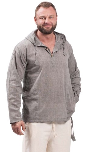 Koszula Classic indyjska / ETNO KURTA z kapturem jasno szara - Rozmiar: L