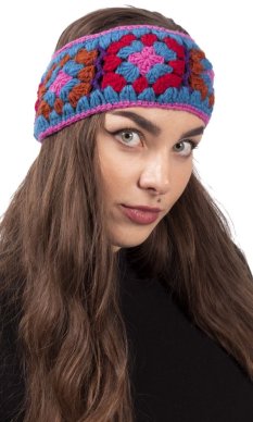 Vlněná čelenka FLOWER  / modro-ružová III.