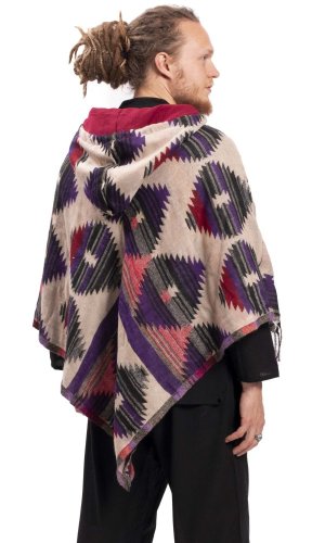 Pončo se vzory PANKAJ béžovo-fialová I.