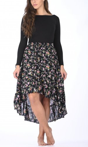Dlhá volánová sukňa s kvetmi čierna - Veľkosť: XL
